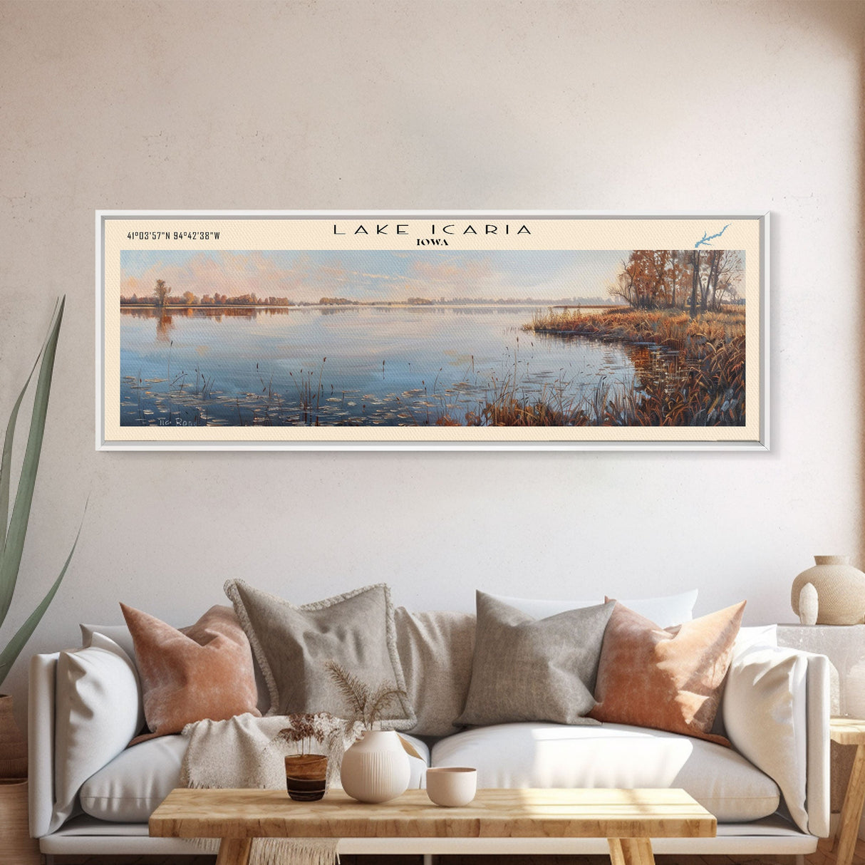 Lake Icaria Iowa Framed Canvas Print, Lake House Decor, Panoramic Wall Art, Travel Poster, Beautiful Lake Painting, Nature Art