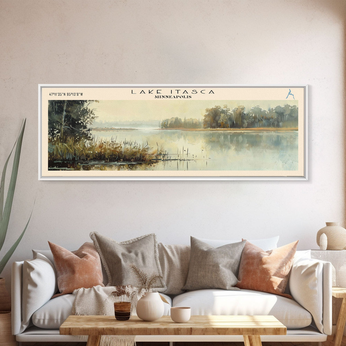 Lake Itasca Minneapolis Framed Canvas Print, Lake House Decor, Panoramic Wall Art, Travel Poster, Serene Lake Painting, Nature Art