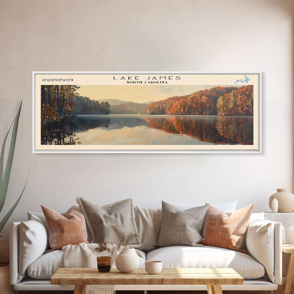 Lake James North Carolina Framed Canvas Print, Lake House Decor, Panoramic Wall Art, Travel Poster, Scenic Lake Painting, Nature Art