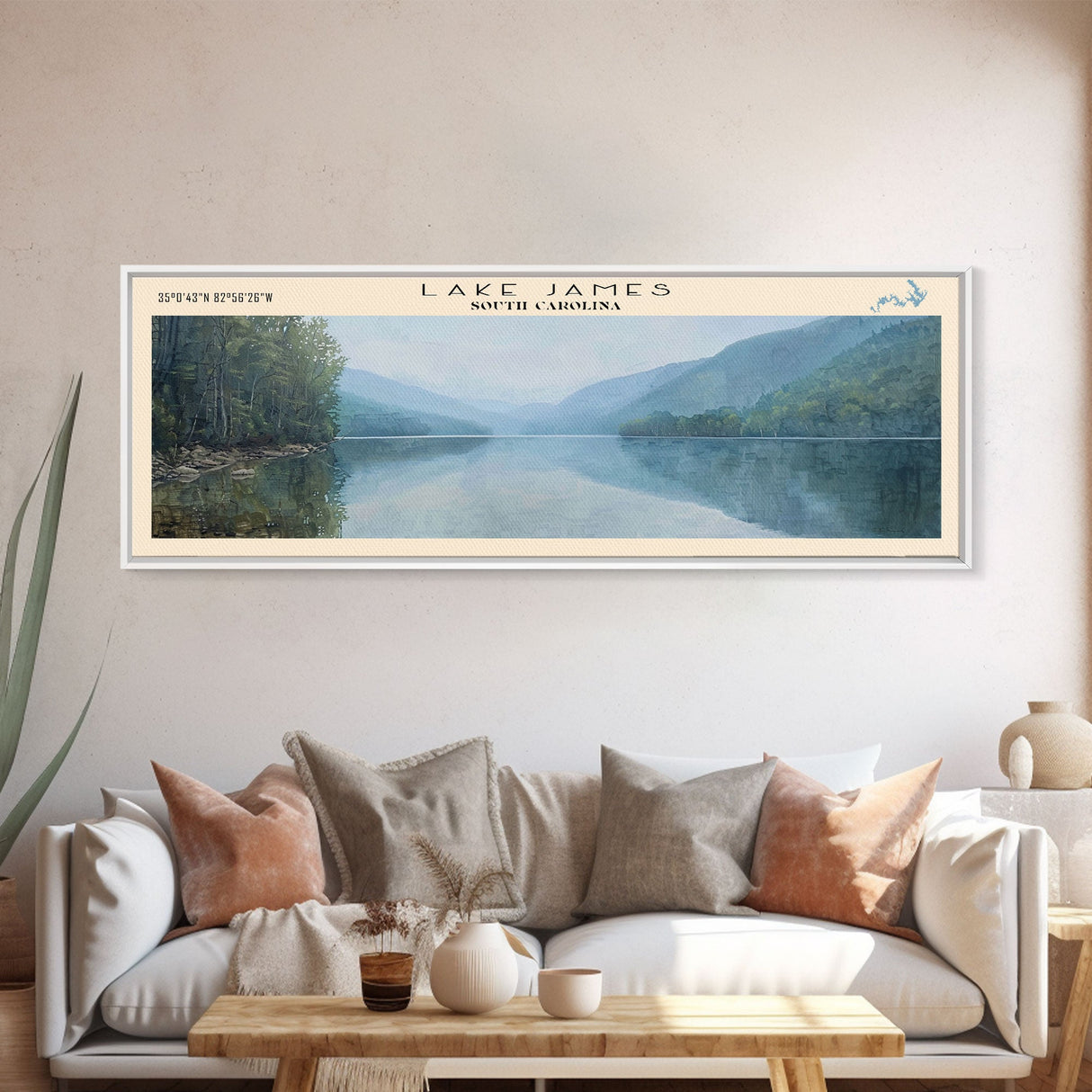 Lake Jocassee South Carolina Framed Canvas Print, Lake House Decor, Panoramic Wall Art, Travel Poster, Stunning Lake Painting, Home Art