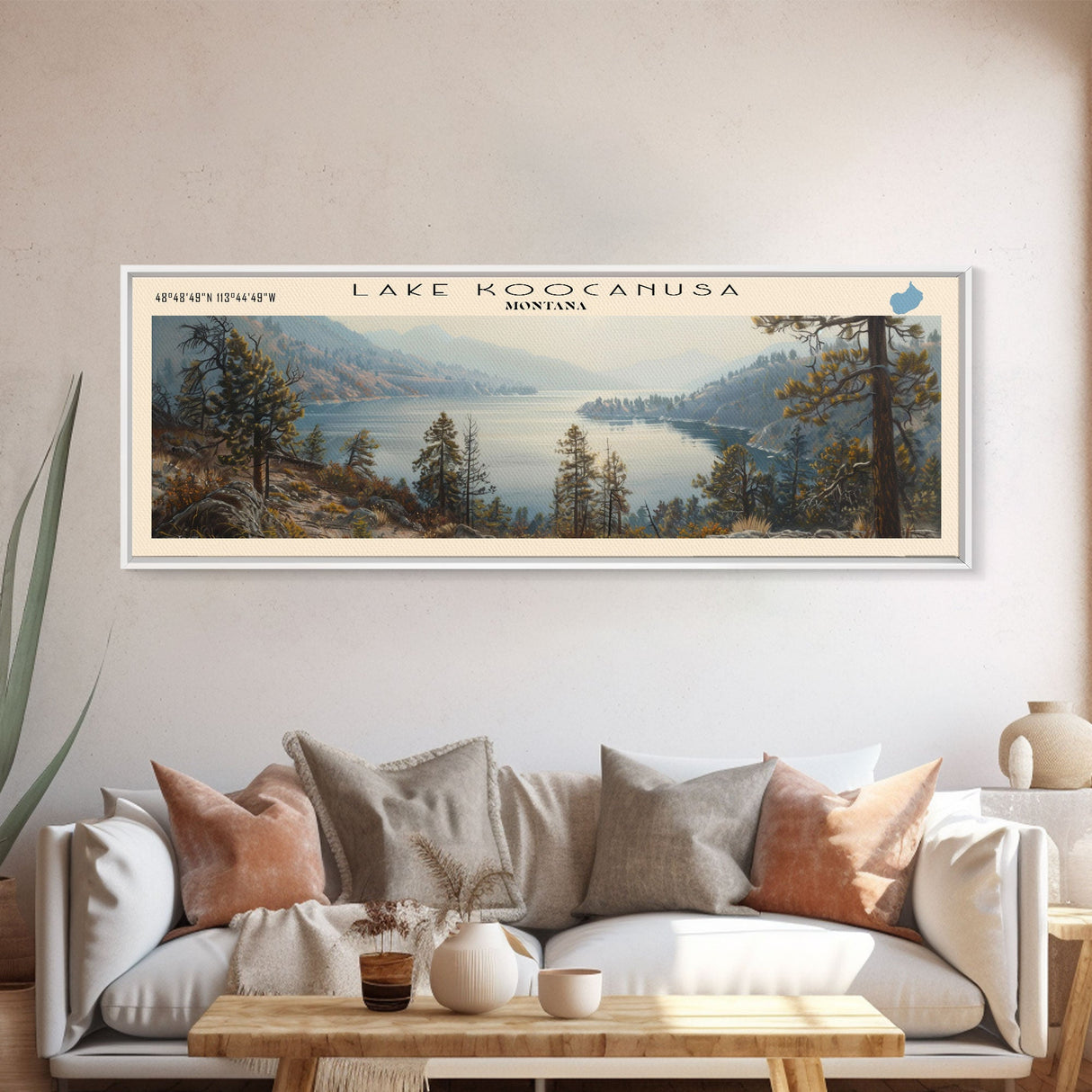 Lake Koocanusa Montana Framed Canvas Print, Lake House Decor, Panoramic Wall Art, Travel Poster, Serene Lake Painting, Nature Art