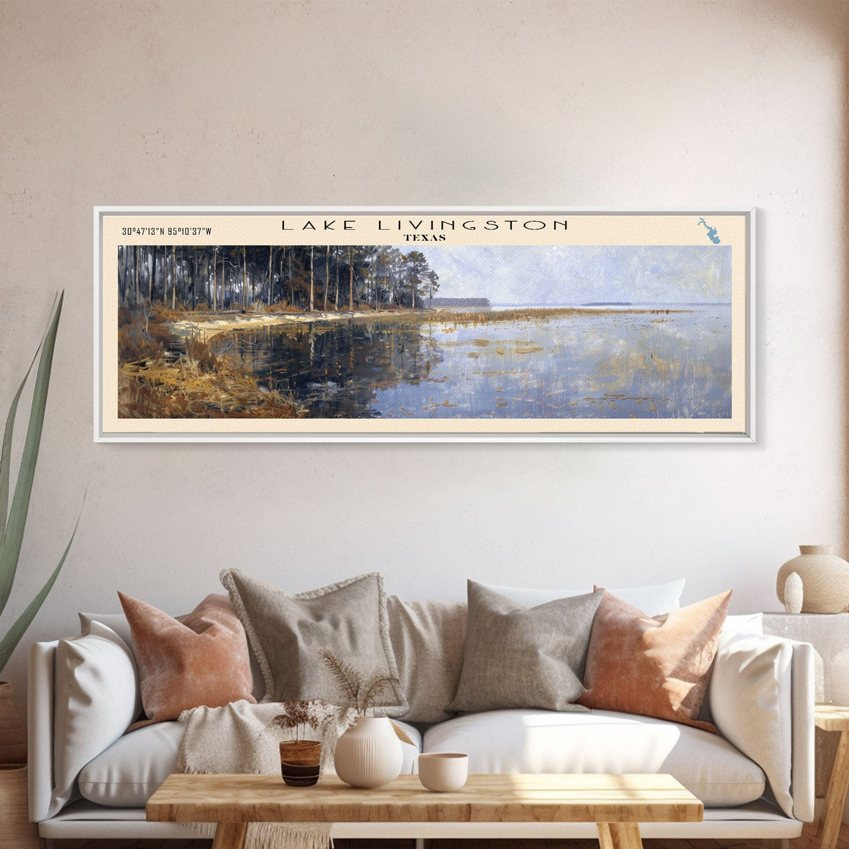 Lake Livingston Texas Framed Canvas Print, Lake House Decor, Panoramic Wall Art, Travel Poster, Scenic Lakeside Painting, Nature Print