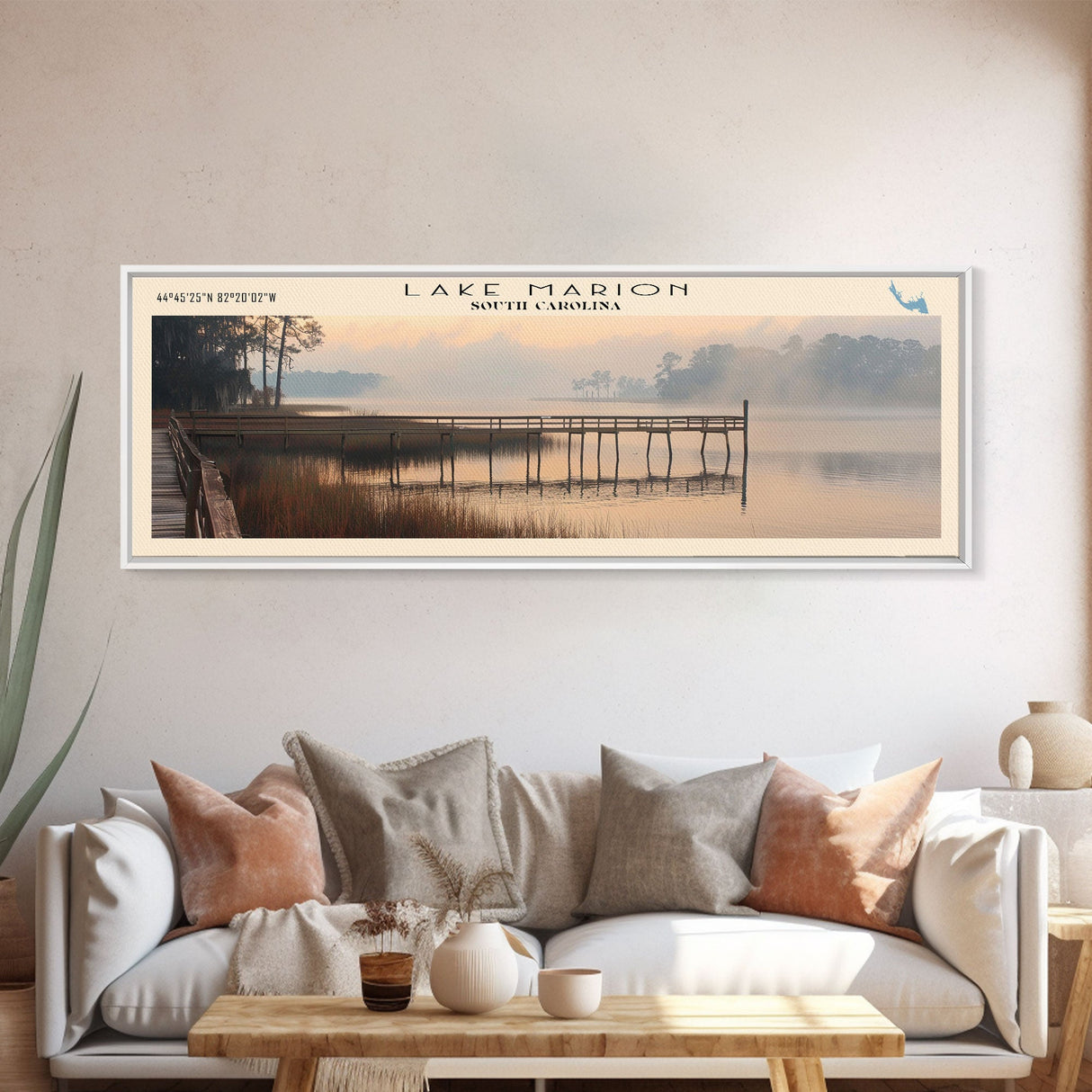 Lake Marion South Carolina Framed Canvas Print, Lake House Decor, Panoramic Wall Art, Travel Poster, Serene Lake Painting, Boho Art