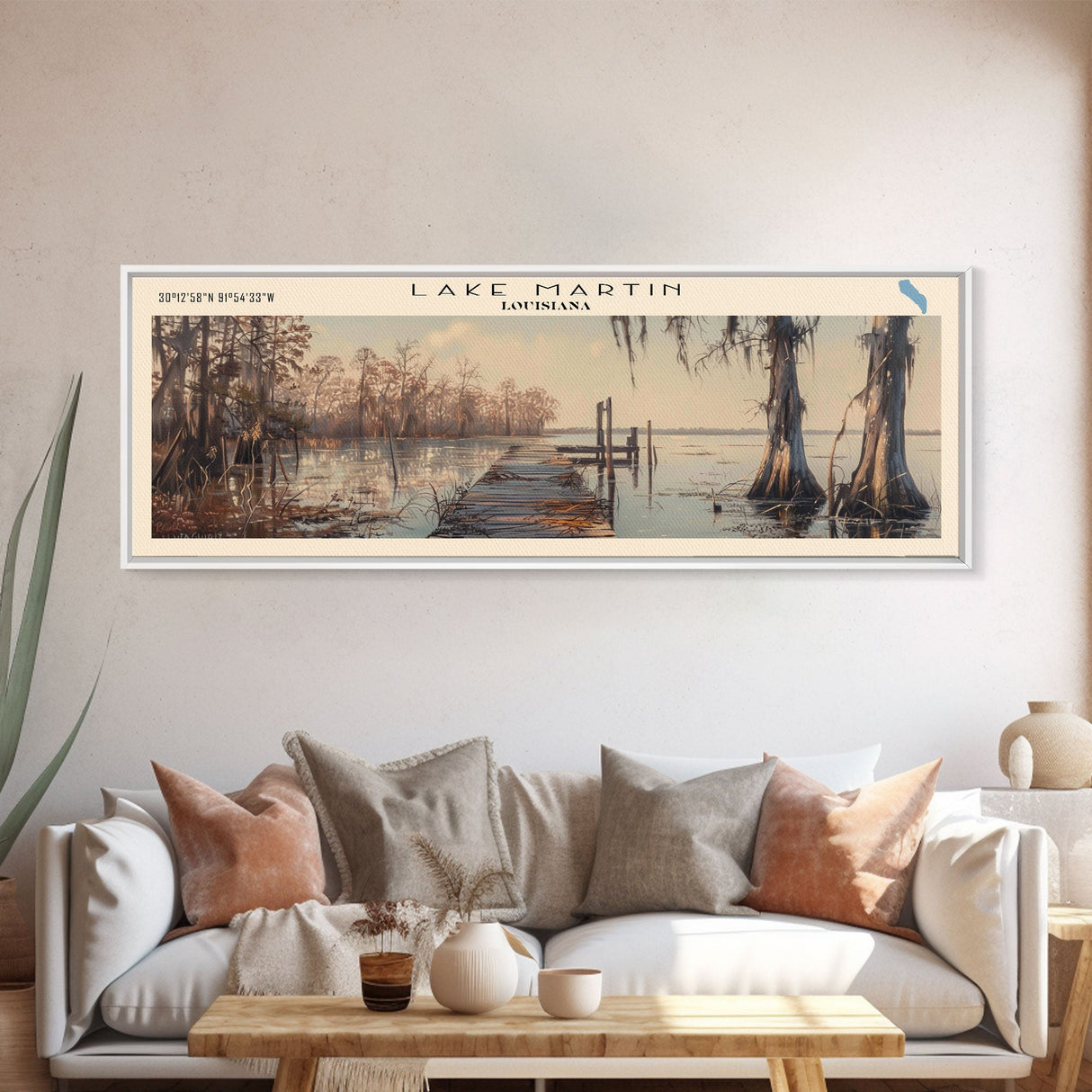 Lake Martin Louisiana Framed Canvas Print, Lake House Decor, Panoramic Wall Art, Travel Poster, Stunning Lake Painting, Rustic Art