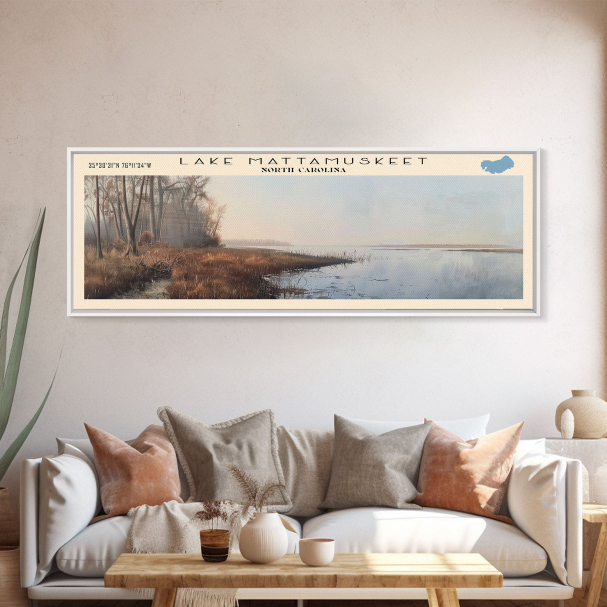 Lake Mattamuskeet North Carolina Framed Canvas Print, Lake House Decor, Panoramic Wall Art, Travel Poster, Beautiful Lakeview Painting, Modern Art