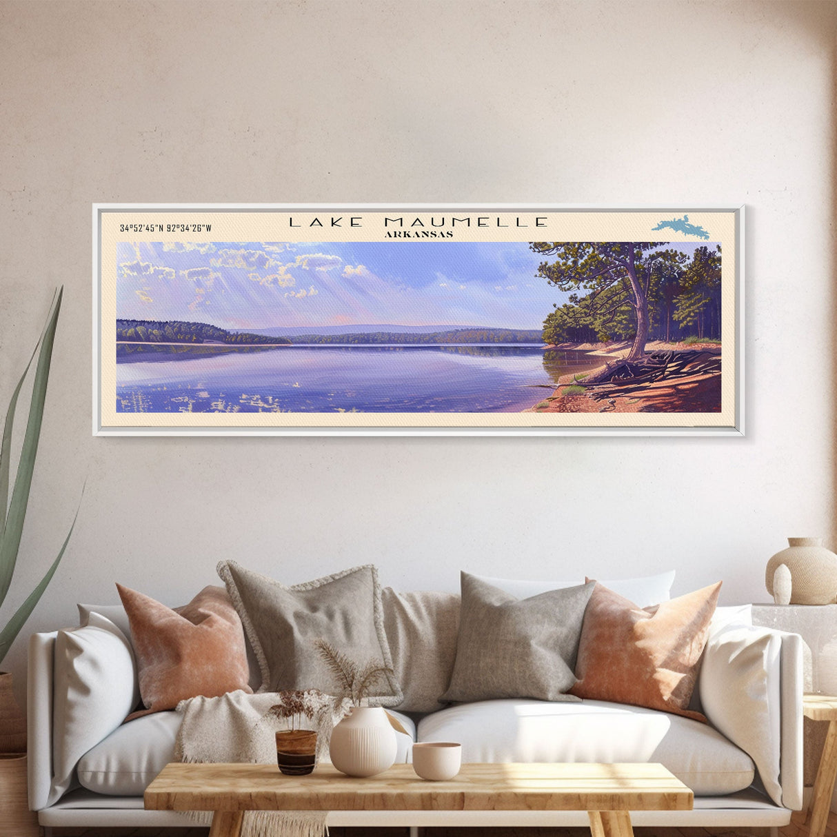 Lake Maumelle Arkansas Framed Canvas Print, Lake House Decor, Panoramic Wall Art, Travel Poster, Scenic Lakeside Painting, Coastal Art