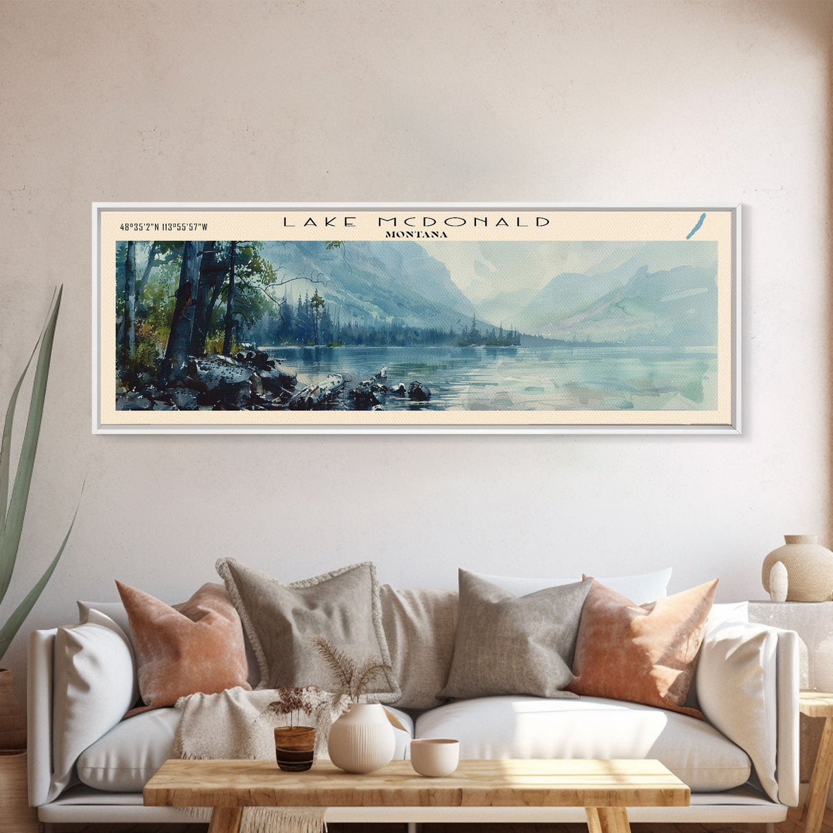 Lake McDonald Montana Framed Canvas Print, Lake House Decor, Panoramic Wall Art, Travel Poster, Scenic Landscape Painting, Bedroom Decor