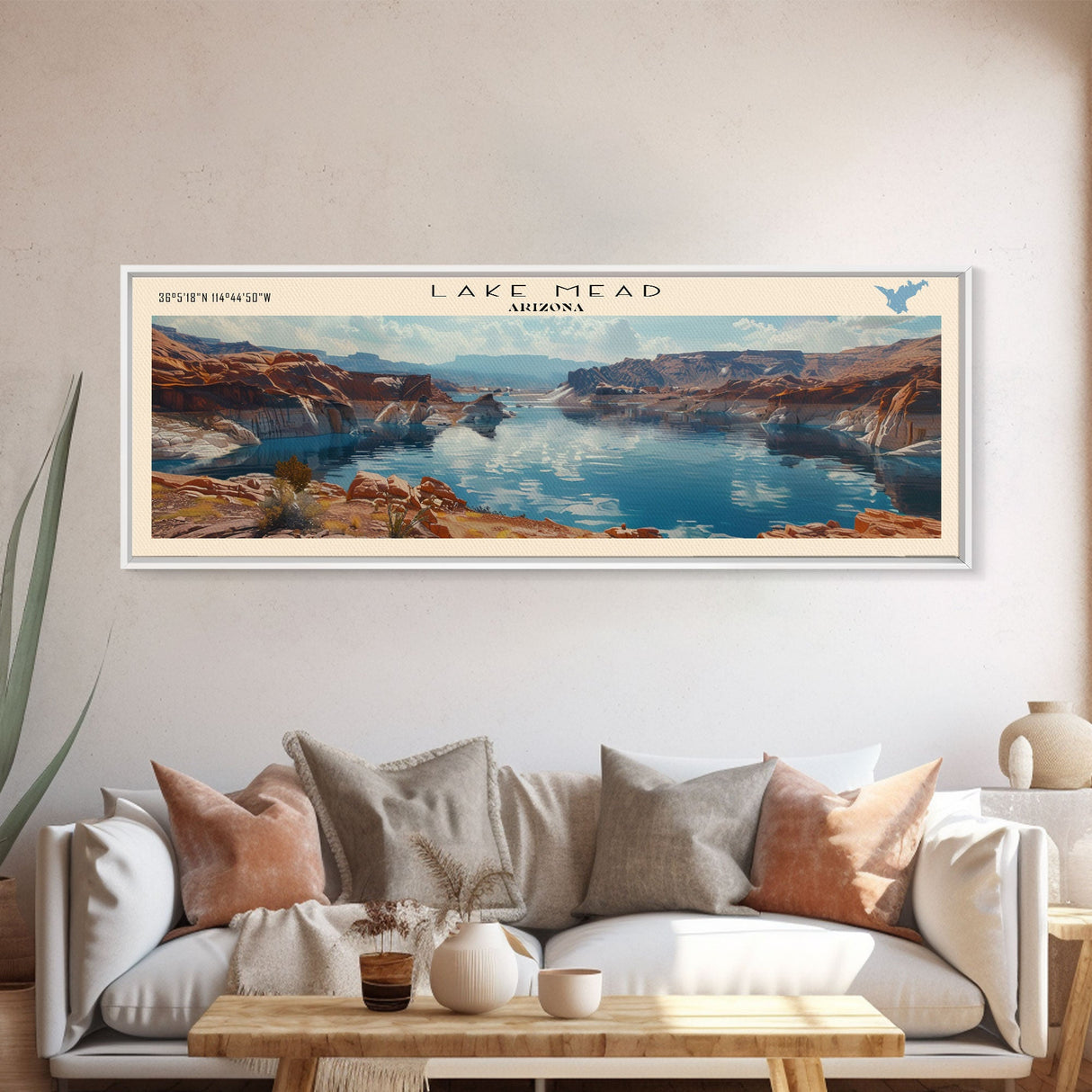 Lake Mead Framed Canvas Print, Lake House Decor, Panoramic Wall Art, Travel Poster, Serene Landscape Painting, Living Room Decor