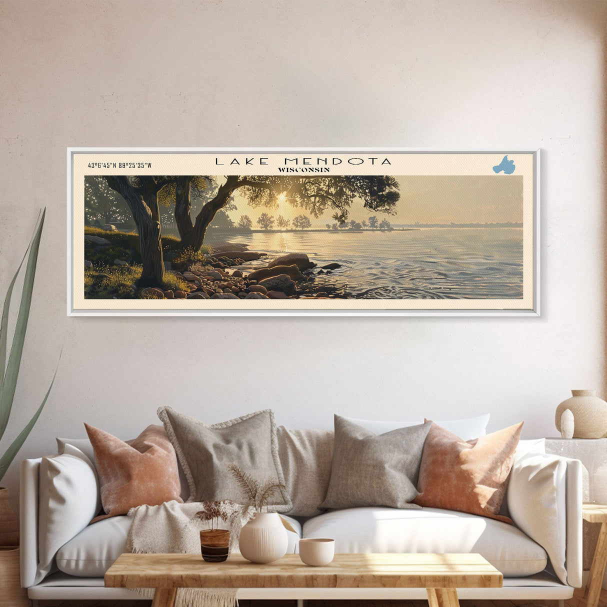 Lake Mendota Framed Canvas Print, Lake House Decor, Panoramic Wall Art, Travel Poster, Stunning Landscape Painting, Living Room Decor