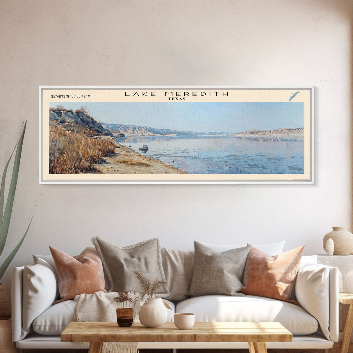 Lake Meredith Texas Framed Canvas Print, Lake House Decor, Panoramic Wall Art, Travel Poster, Scenic Landscape Painting, Bedroom Decor