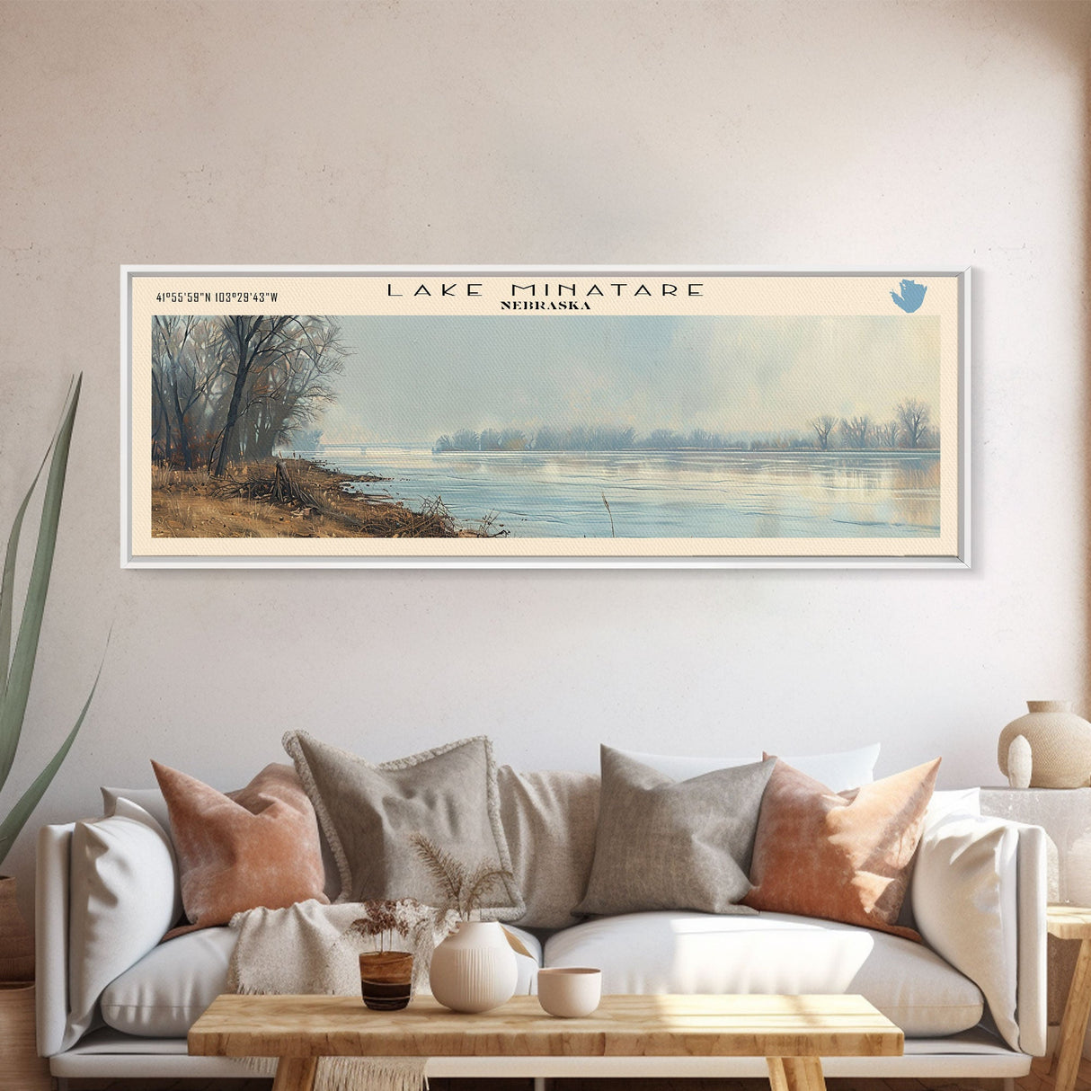 Lake Minatare Nebraska Framed Canvas Print, Lake House Decor, Panoramic Wall Art, Travel Poster, Stunning Landscape Painting, Living Room Decor