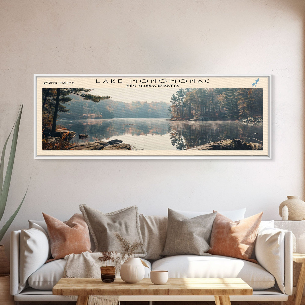 Lake Monomonac Massachusetts Framed Canvas Print, Lake House Decor, Panoramic Wall Art, Travel Poster, Stunning Landscape Painting, Living Room Decor