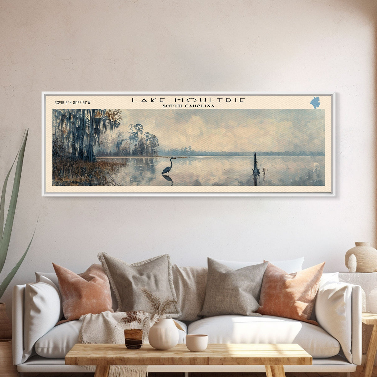 Lake Moultrie South Carolina Framed Canvas Print, Lake House Decor, Panoramic Wall Art, Travel Poster, Serene Landscape Painting, Bedroom Decor