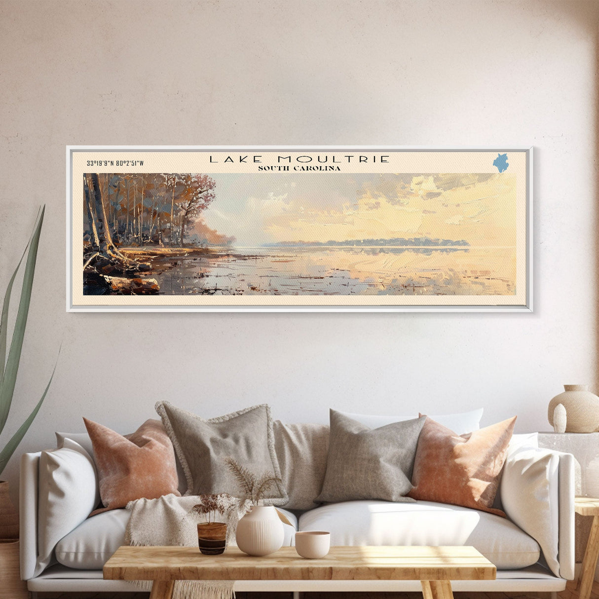 Lake Moultrie Framed Canvas Print, Lake House Decor, Panoramic Wall Art, Travel Poster, Scenic Landscape Painting, Living Room Decor