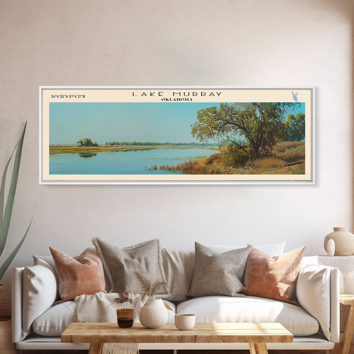 Lake Murray Oklahoma Framed Canvas Print, Lake House Decor, Panoramic Wall Art, Travel Poster, Beautiful Landscape Painting, Bedroom Decor