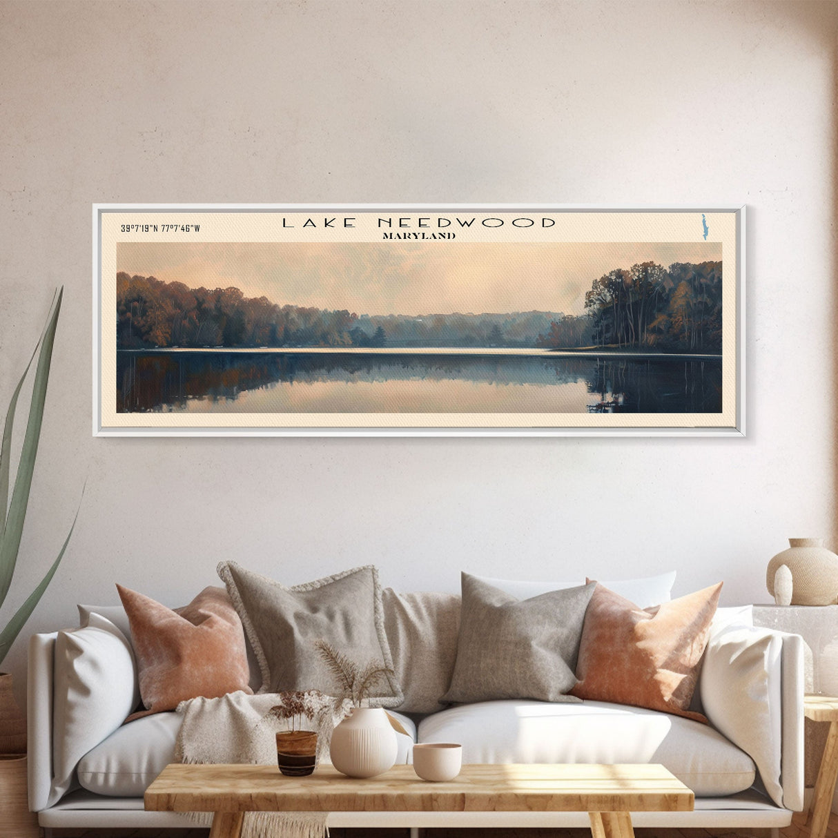 Lake Needwood Maryland Framed Canvas Print, Lake House Decor, Panoramic Wall Art, Travel Poster, Stunning Landscape Painting, Contemporary Art