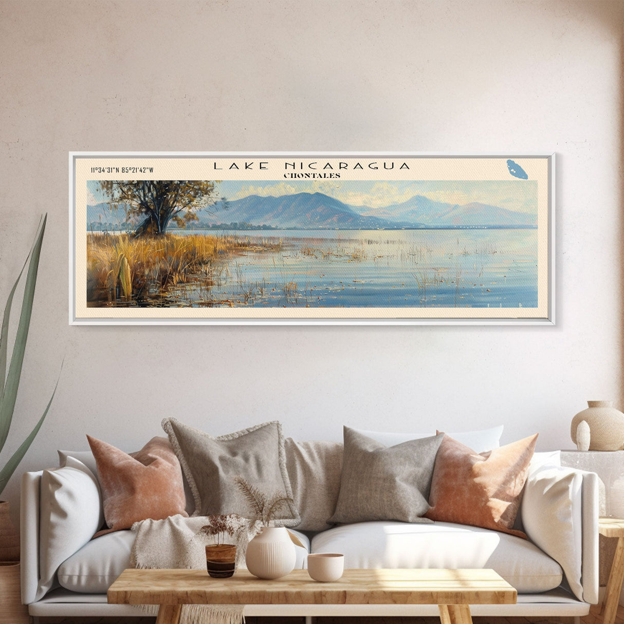 Lake Nicaragua Framed Canvas Print, Lake House Decor, Panoramic Wall Art, Travel Poster, Serene Landscape Painting, Rustic Art