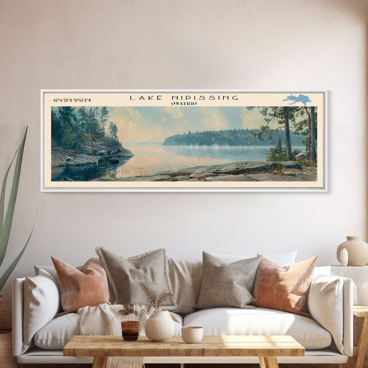 Lake Nipissing Framed Canvas Print, Lake House Decor, Panoramic Wall Art, Travel Poster, Beautiful Landscape Painting, Living Room Decor