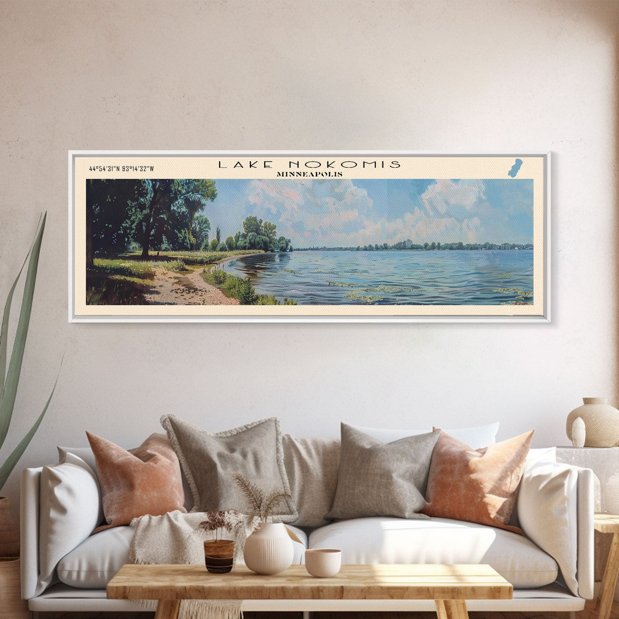 Lake Nokomis Minneapolis Framed Canvas Print, Lake House Decor, Panoramic Wall Art, Travel Poster, Serene Landscape Painting, Modern Art