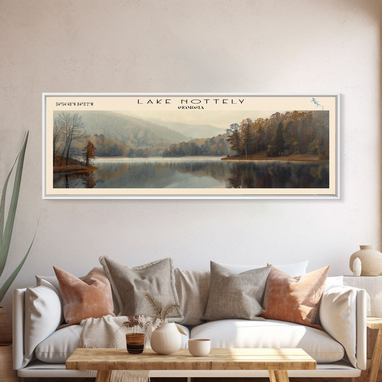 Lake Nottely Georgia Framed Canvas Print, Lake House Decor, Panoramic Wall Art, Travel Poster, Beautiful Landscape Painting, Rustic Art