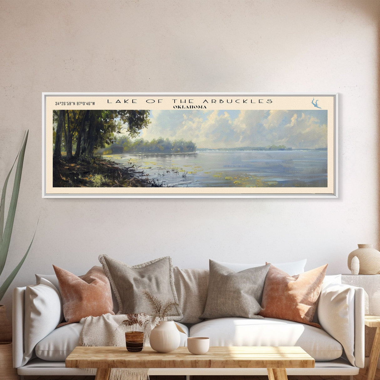 Lake Of The Arbuckles Oklahoma Framed Canvas Print, Lake House Decor, Panoramic Wall Art, Travel Poster, Scenic Landscape Painting, Bedroom Decor