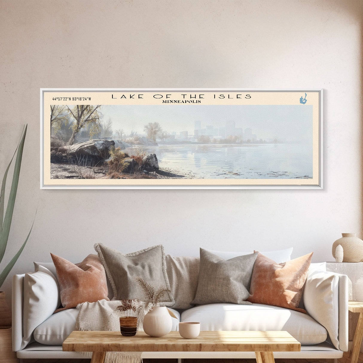 Lake Of The Isles Minneapolis Framed Canvas Print, Lake House Decor, Panoramic Wall Art, Travel Poster, Beautiful Landscape Painting, Modern Art