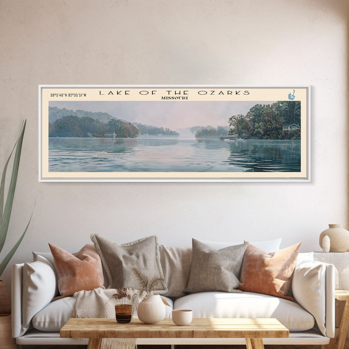 Lake Of The Ozarks Missouri Framed Canvas Print, Lake House Decor, Panoramic Wall Art, Travel Poster, Stunning Landscape Painting, Contemporary Art