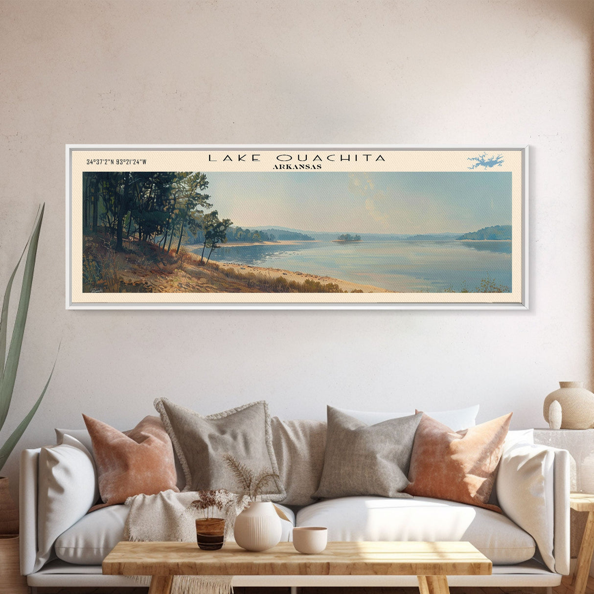 Lake Ouachita Arkansas Framed Canvas Print, Lake House Decor, Panoramic Wall Art, Travel Poster, Scenic Landscape Painting, Living Room Decor