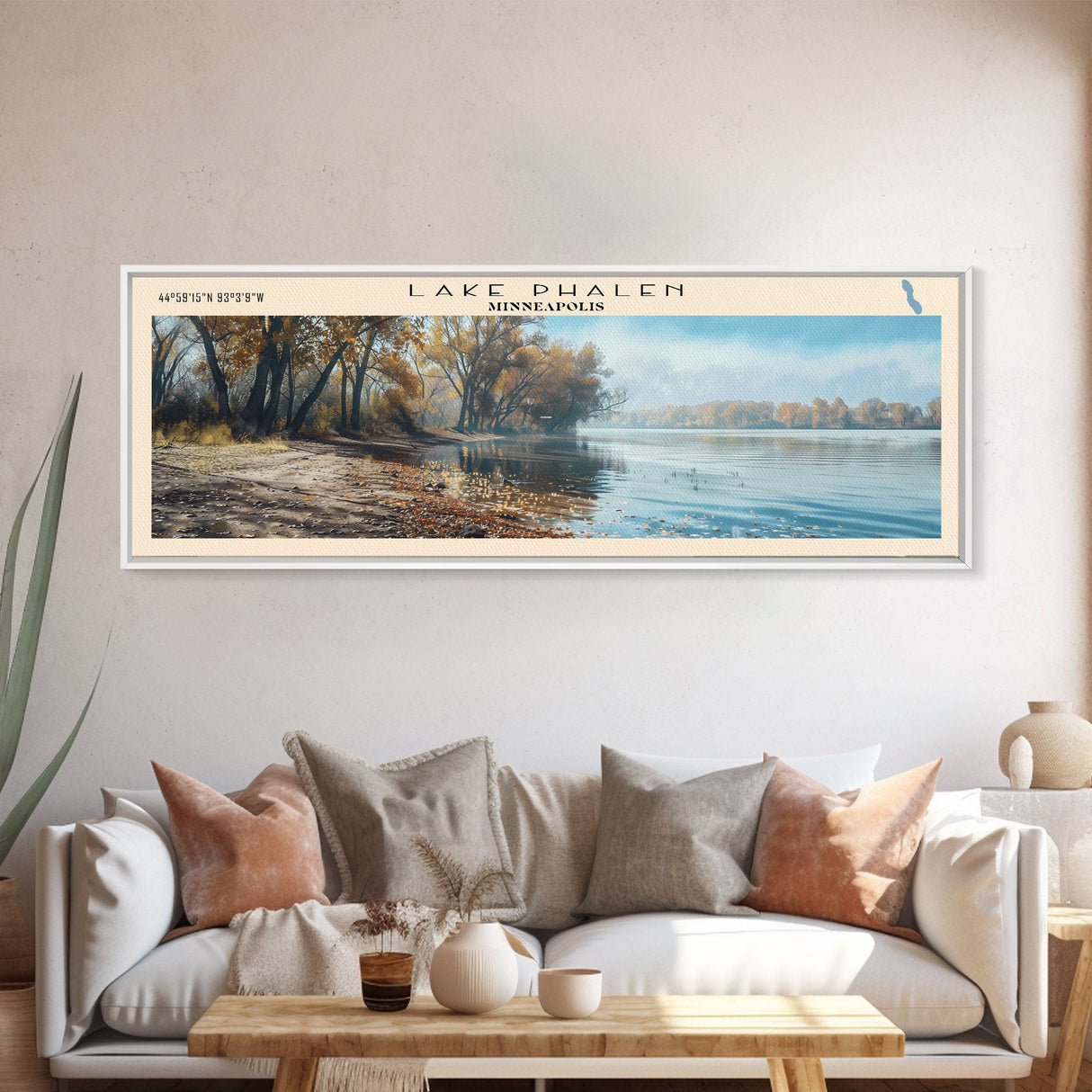 Lake Phalen Minneapolis Framed Canvas Print, Lake House Decor, Panoramic Wall Art, Travel Poster, Serene Landscape Painting, Rustic Art