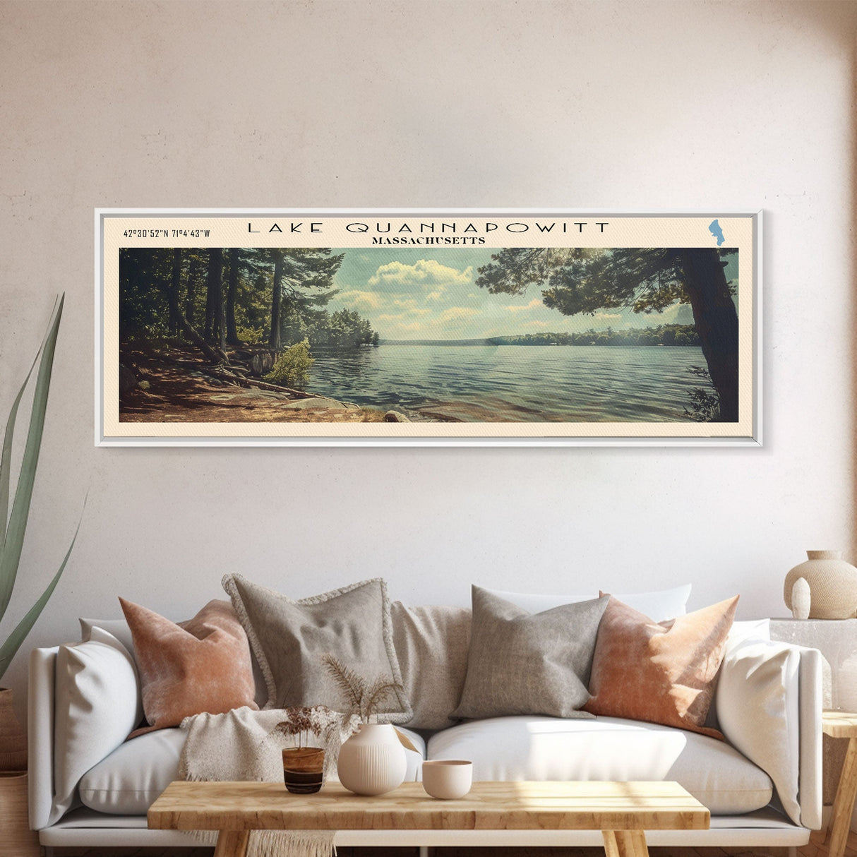 Lake Quannapowitt Massachusetts Framed Canvas Print, Lake House Decor, Panoramic Wall Art, Travel Poster, Scenic Landscape Painting, Contemporary Art