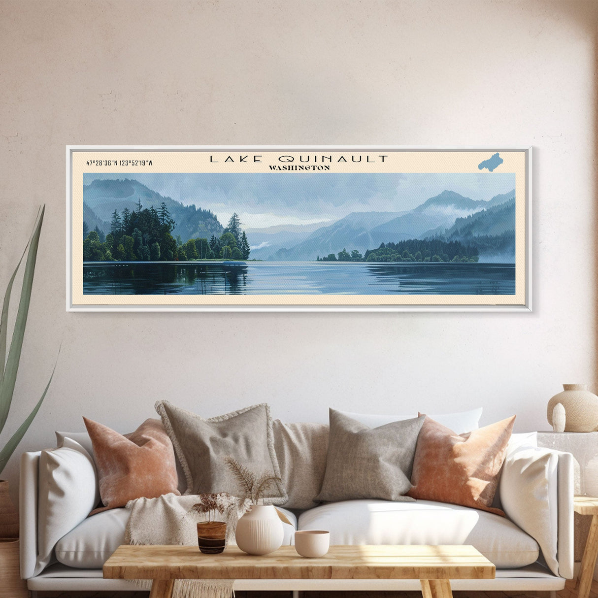 Lake Quinault Washington Framed Canvas Print, Lake House Decor, Panoramic Wall Art, Travel Poster, Beautiful Landscape Painting, Rustic Art