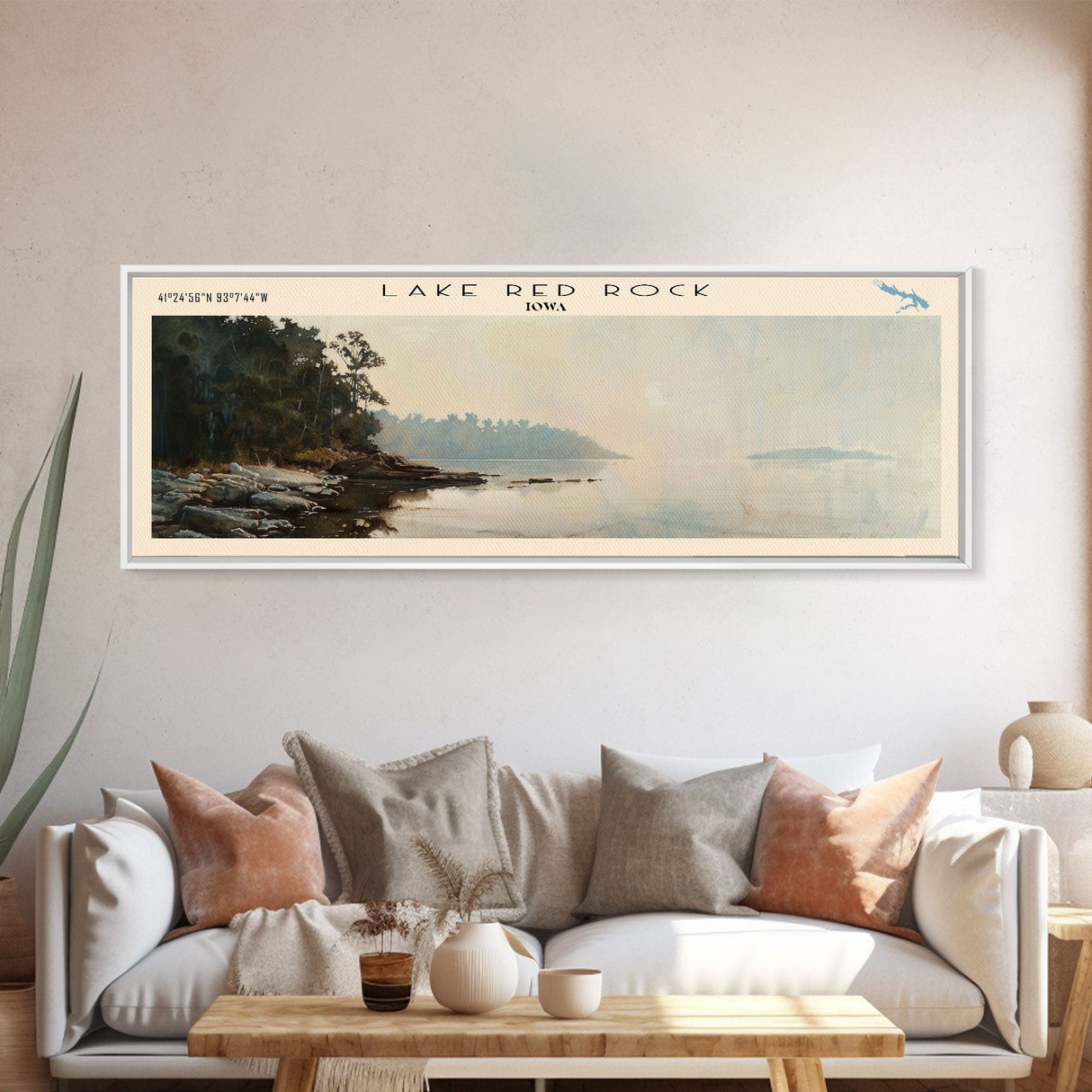 Lake Red Rock Iowa Framed Canvas Print, Lake House Decor, Panoramic Wall Art, Travel Poster, Beautiful Landscape Painting, Modern Art