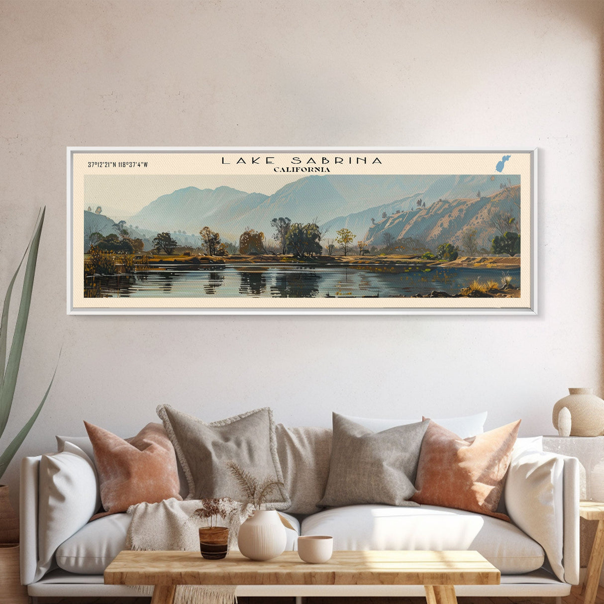 Lake Sabrina California Framed Canvas Print, Lake House Decor, Panoramic Wall Art, Travel Poster, Serene Landscape Painting, Rustic Art