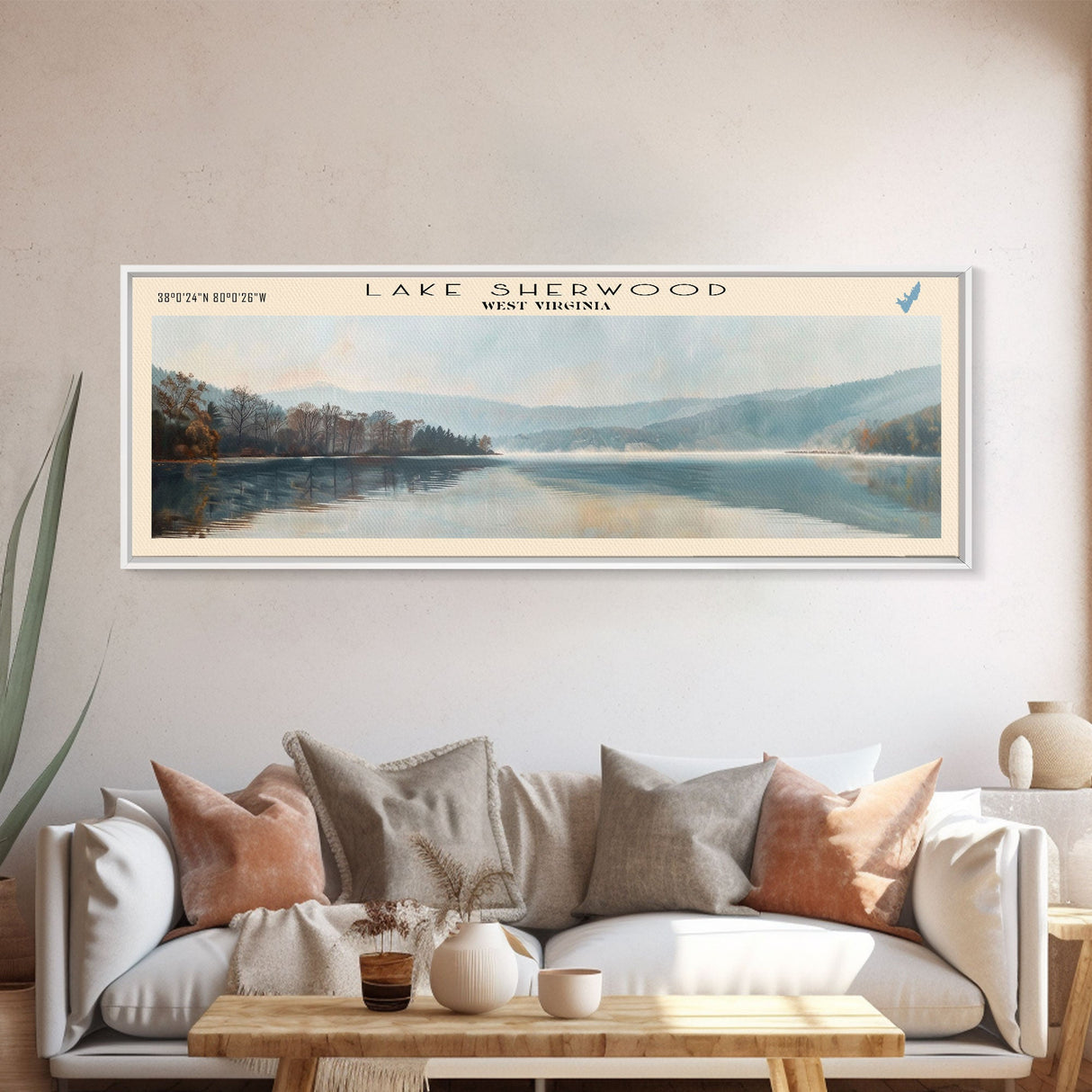 Lake Sherwood West Virginia Framed Canvas Print, Lake House Decor, Panoramic Wall Art, Travel Poster, Serene Landscape Painting, Living Room Decor