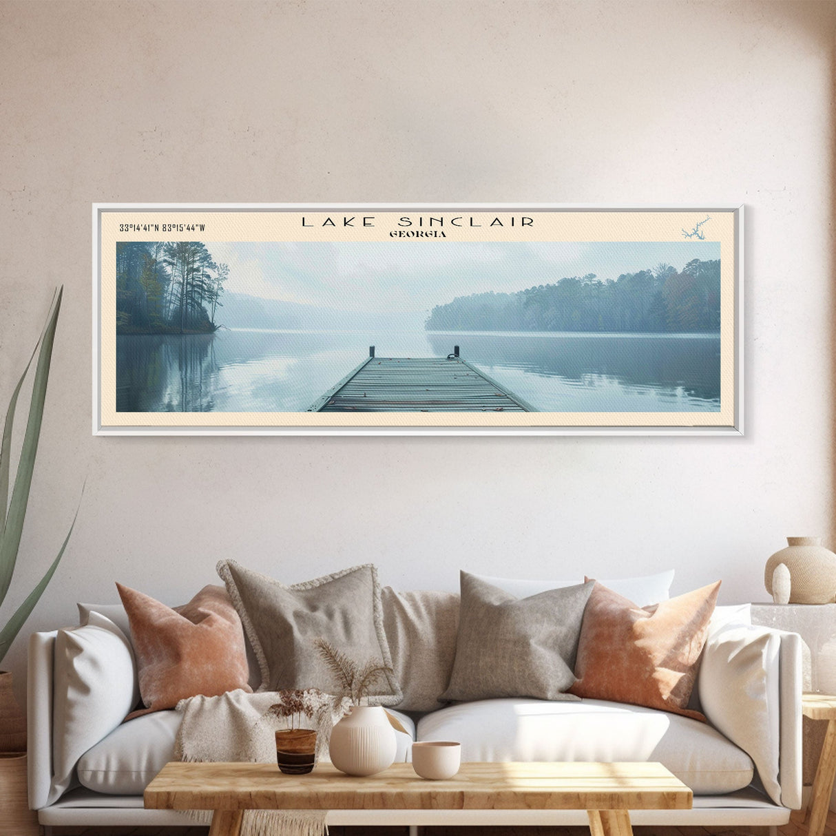 Lake Sinclair Georgia Framed Canvas Print, Lake House Decor, Panoramic Wall Art, Travel Poster, Beautiful Landscape Painting, Modern Art