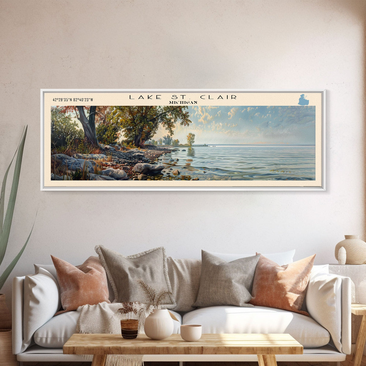 Lake St. Clair Michigan Framed Canvas Print, Lake House Decor, Panoramic Wall Art, Travel Poster, Serene Landscape Painting, Rustic Art