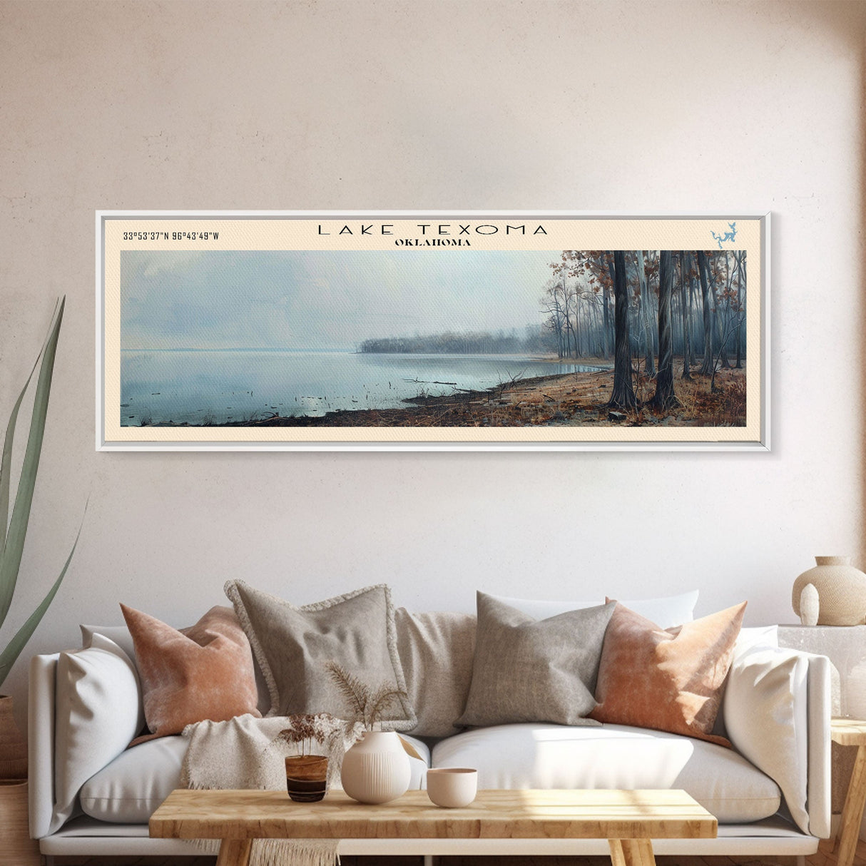 Lake Texoma Oklahoma Framed Canvas Print, Lake House Decor, Panoramic Wall Art, Travel Poster, Beautiful Landscape Painting, Rustic Art