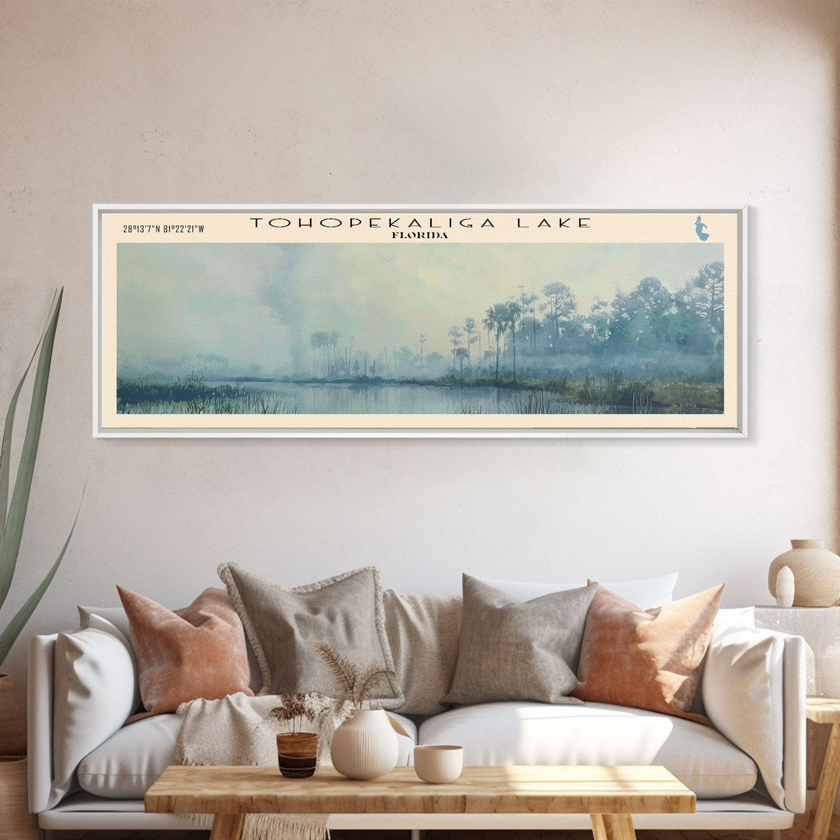 Lake Tohopekaliga Florida Framed Canvas Print, Lake House Decor, Panoramic Wall Art, Travel Poster, Beautiful Landscape Painting, Modern Art