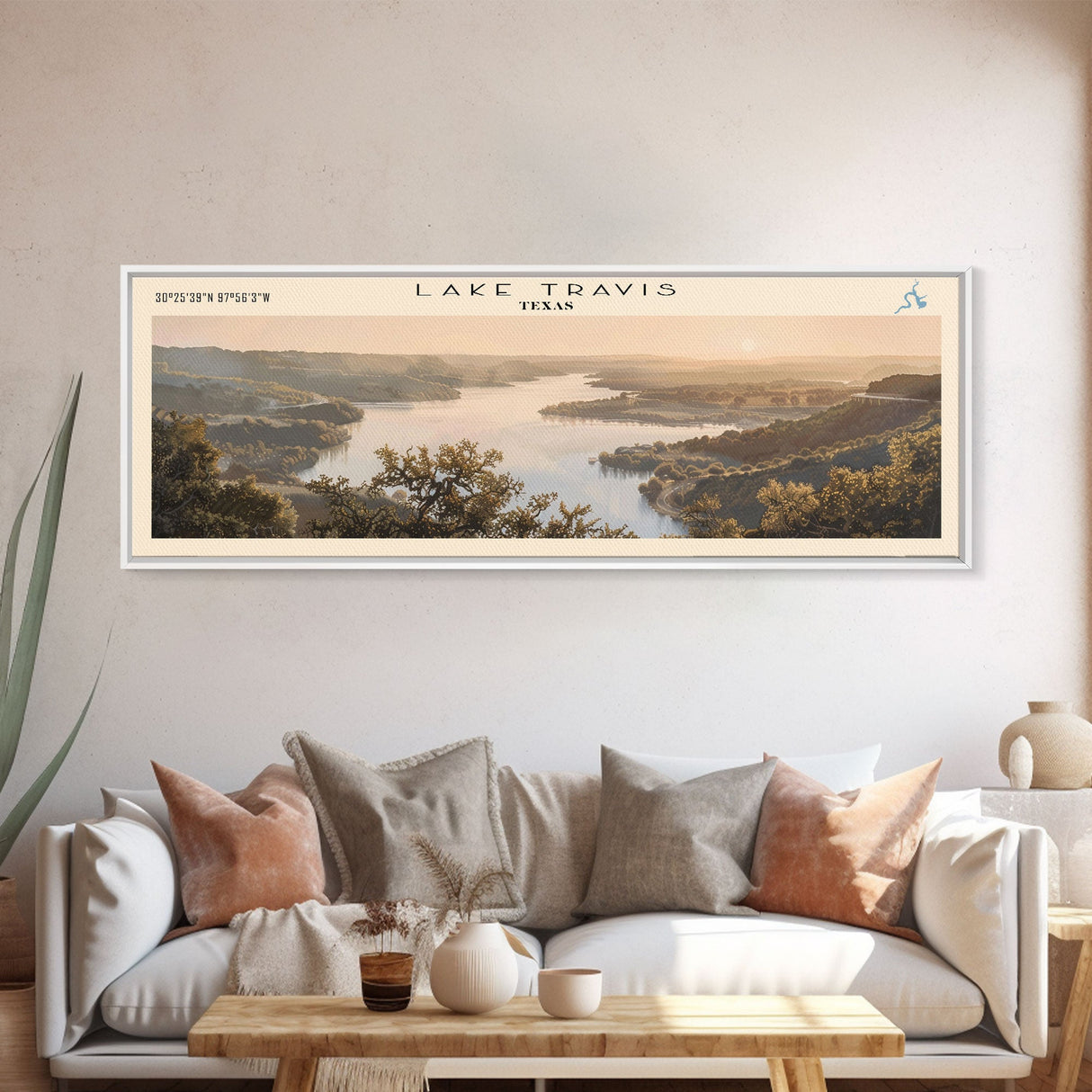 Lake Travis Texas Framed Canvas Print, Lake House Decor, Panoramic Wall Art, Travel Poster, Stunning Landscape Painting, Contemporary Art