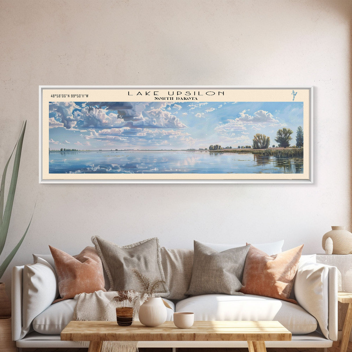 Lake Upsilon North Dakota Framed Canvas Print, Lake House Decor, Panoramic Wall Art, Travel Poster, Beautiful Landscape Painting, Modern Art