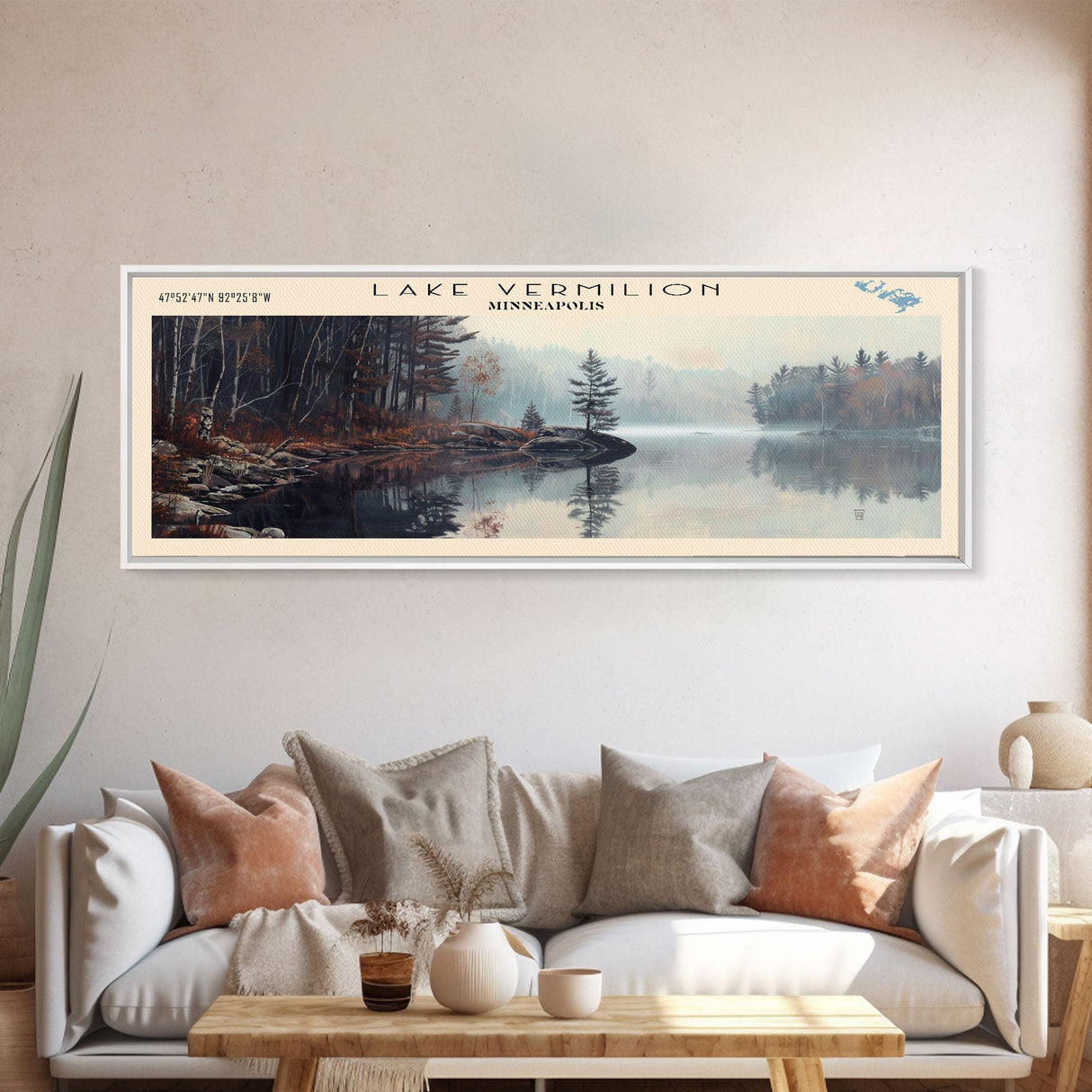 Lake Vermilion Minneapolis Framed Canvas Print, Lake House Decor, Panoramic Wall Art, Travel Poster, Scenic Landscape Painting, Rustic Art