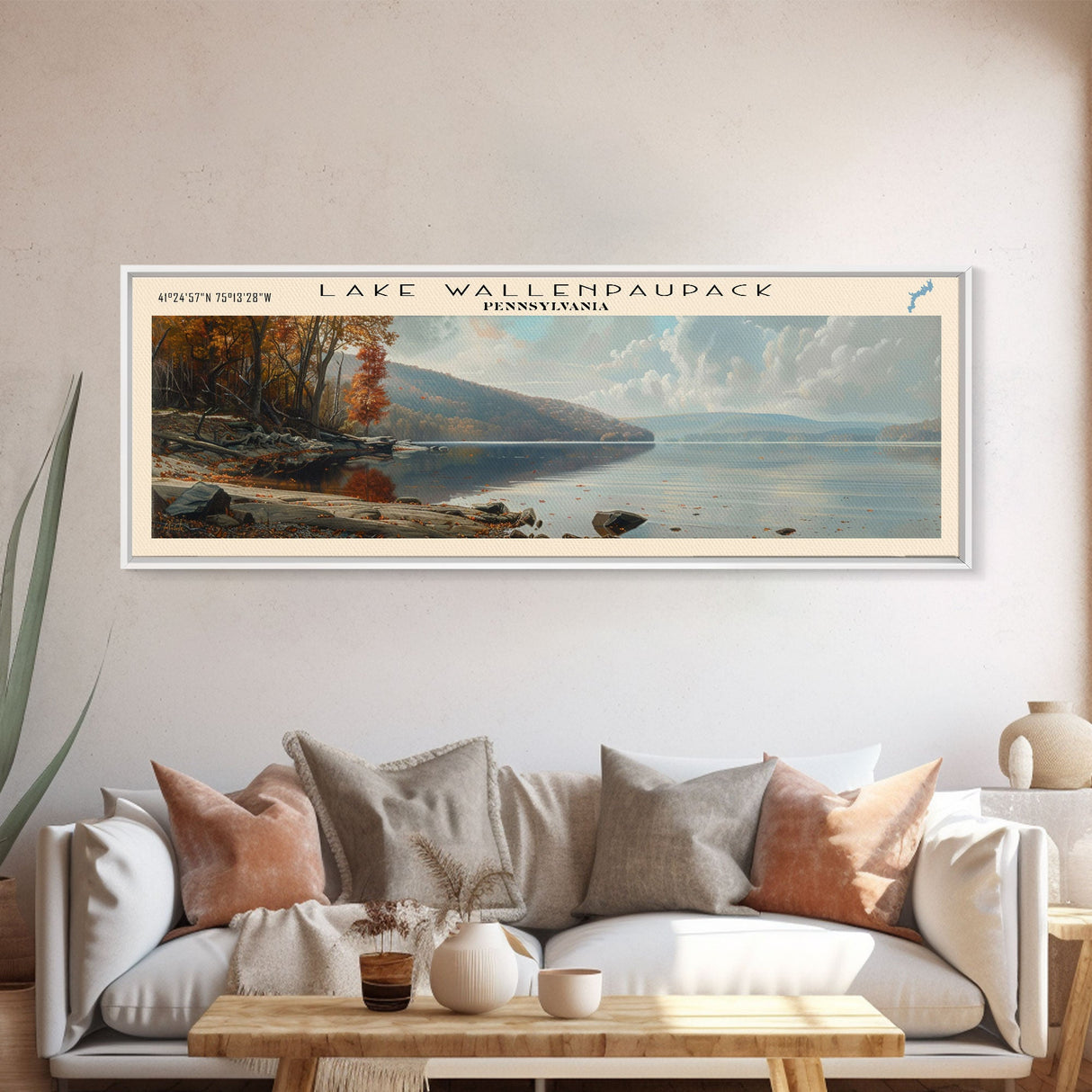 Lake Wallenpaupack Pennsylvania Framed Canvas Print, Lake House Decor, Panoramic Wall Art, Travel Poster, Beautiful Landscape Painting, Living Room Decor