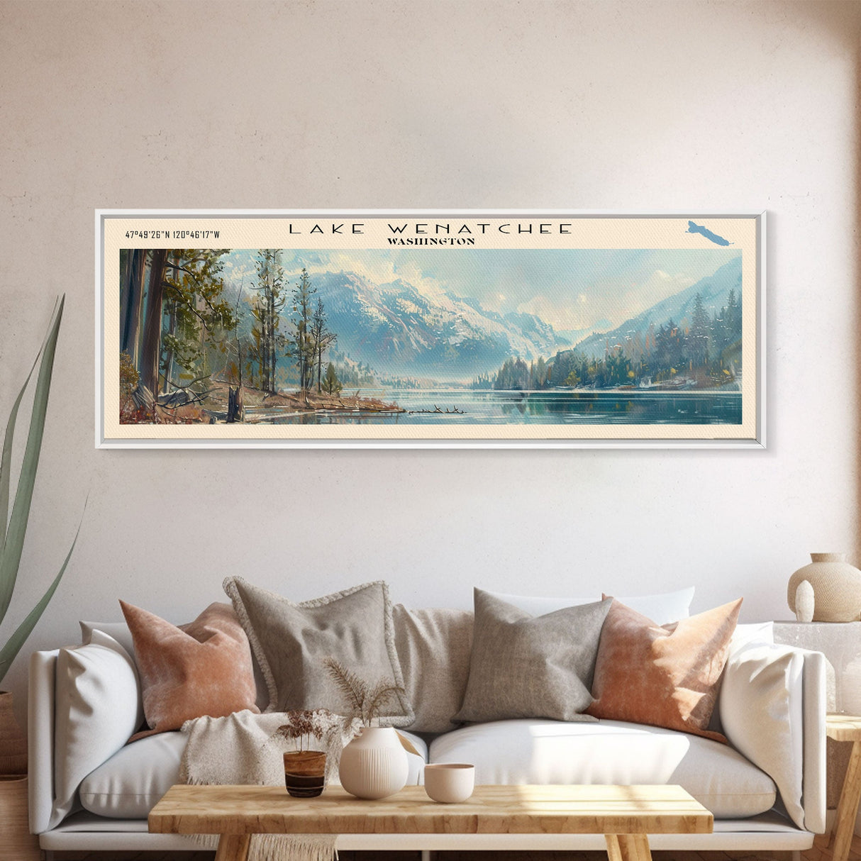 Lake Wenatchee Washington Framed Canvas Print, Lake House Decor, Panoramic Wall Art, Travel Poster, Landscape Painting, Contemporary Art