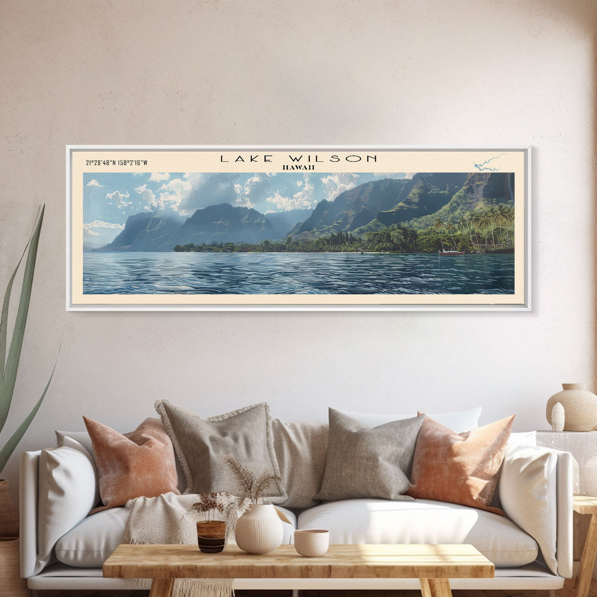 Lake Wilson Hawaii Framed Canvas Print, Lake House Decor, Panoramic Wall Art, Travel Poster, Beautiful Landscape Painting, Modern Art