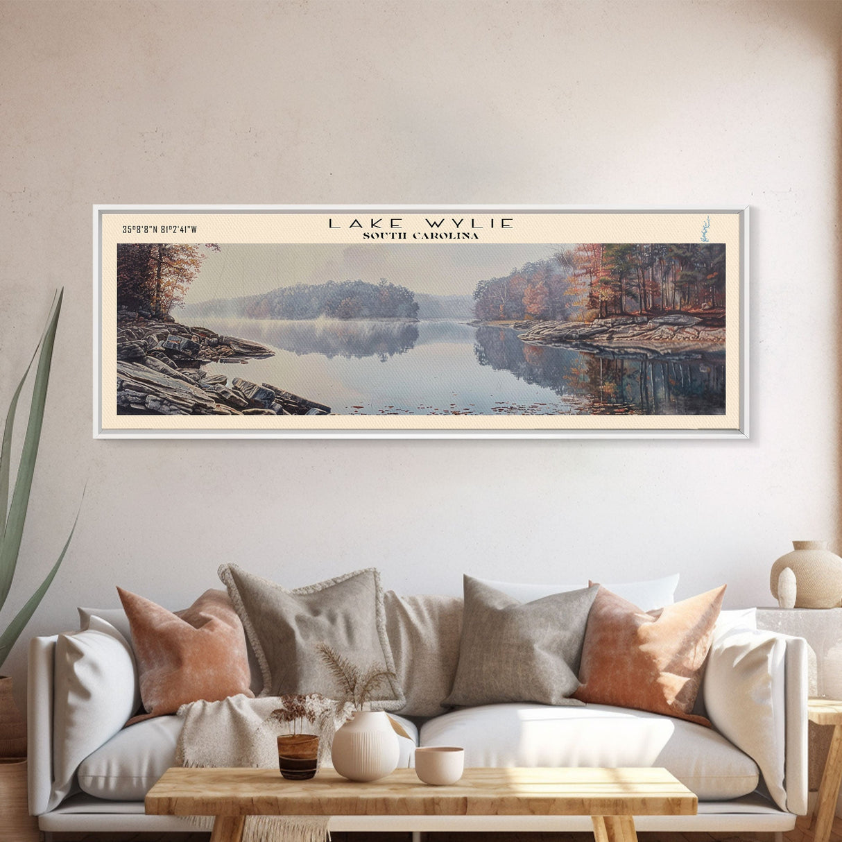 Lake Wylie South Carolina Framed Canvas Print, Lake House Decor, Panoramic Wall Art, Travel Poster, Beautiful Landscape Painting, Rustic Art