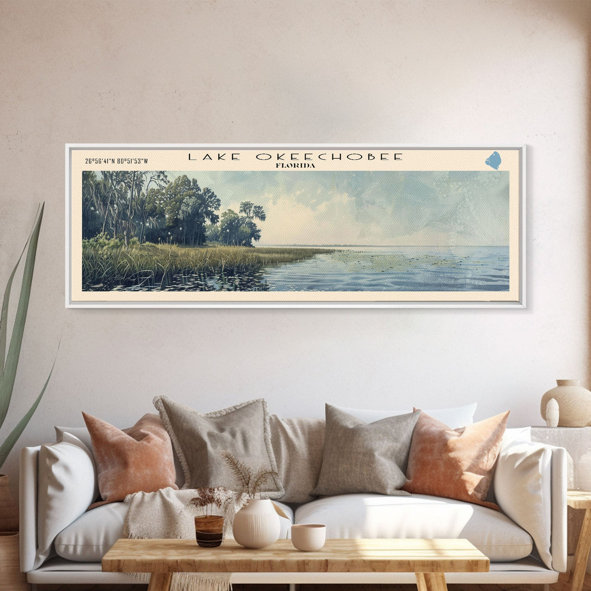 Lake Keechobee Framed Canvas Print, Lake House Decor, Panoramic Wall Art, Travel Poster, Serene Lake Painting, Nature Art