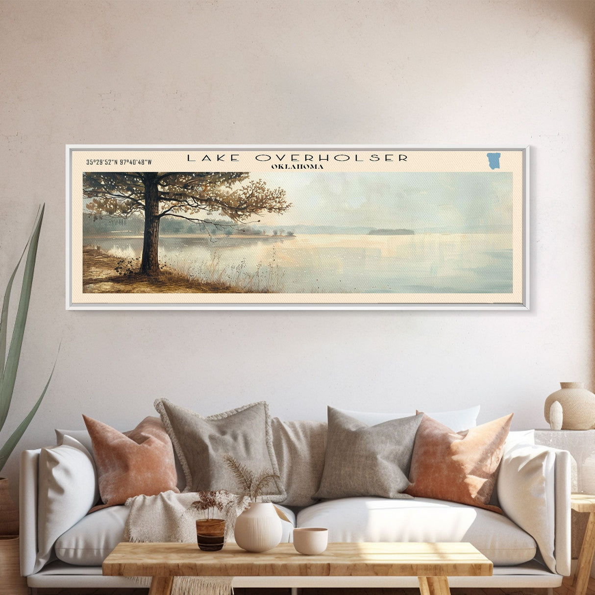 Lake Verholser Oklahoma Framed Canvas Print, Lake House Decor, Panoramic Wall Art, Travel Poster, Landscape Painting, Contemporary Art