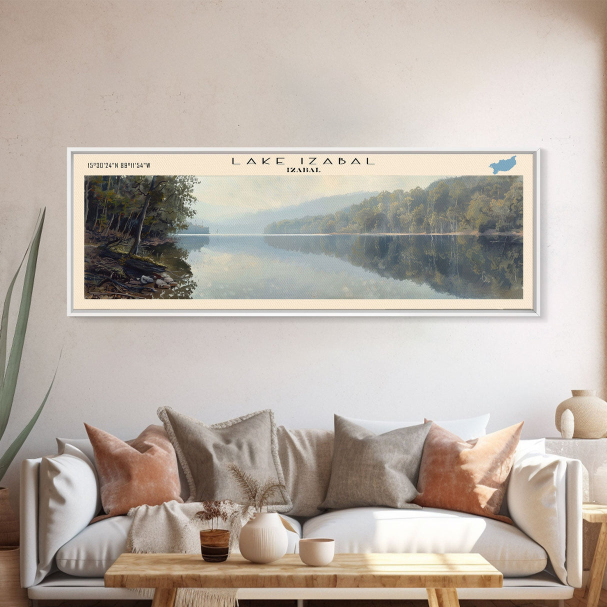 Lake Izabal Framed Canvas Print, Lake House Decor, Panoramic Wall Art, Travel Poster, Scenic Landscape Painting, Bedroom Decor