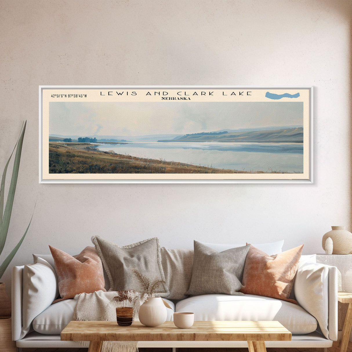 Lewis And Clark Lake Nebraska Framed Canvas Print, Lake House Decor, Panoramic Wall Art, Travel Poster, Scenic Landscape Painting, Contemporary Art