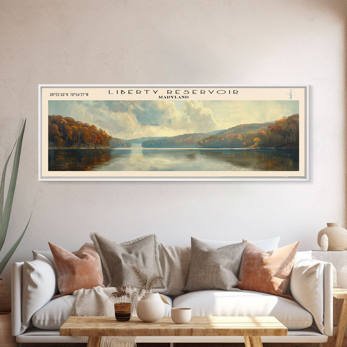 Liberty Reservoir Framed Canvas Print, Lake House Decor, Panoramic Wall Art, Travel Poster, Beautiful Landscape Painting, Rustic Art